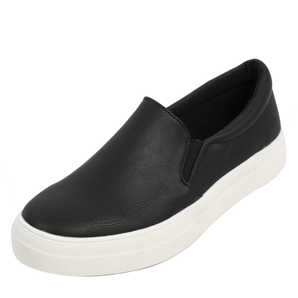 Size 7.5 Black Faux Leather Elastic Slip On Sneaker Shoes - Picture 2 of 6